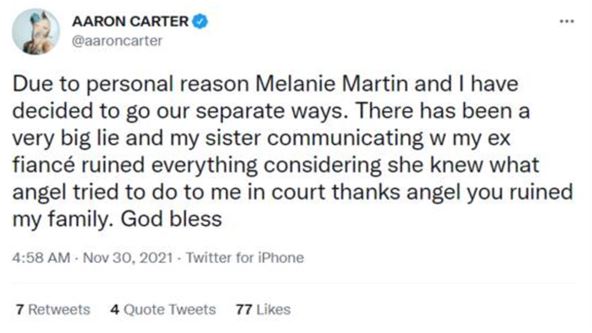 Aron Karter optužio sestru i verenicu da kuju zaveru protiv njega