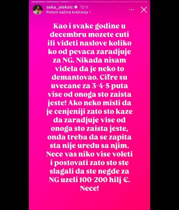 Seka Aleksić isprozivala kolege zbog honorara za Novu godinu