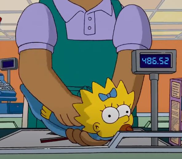 beba Megi iz Simpsonovih skenira se na kasi