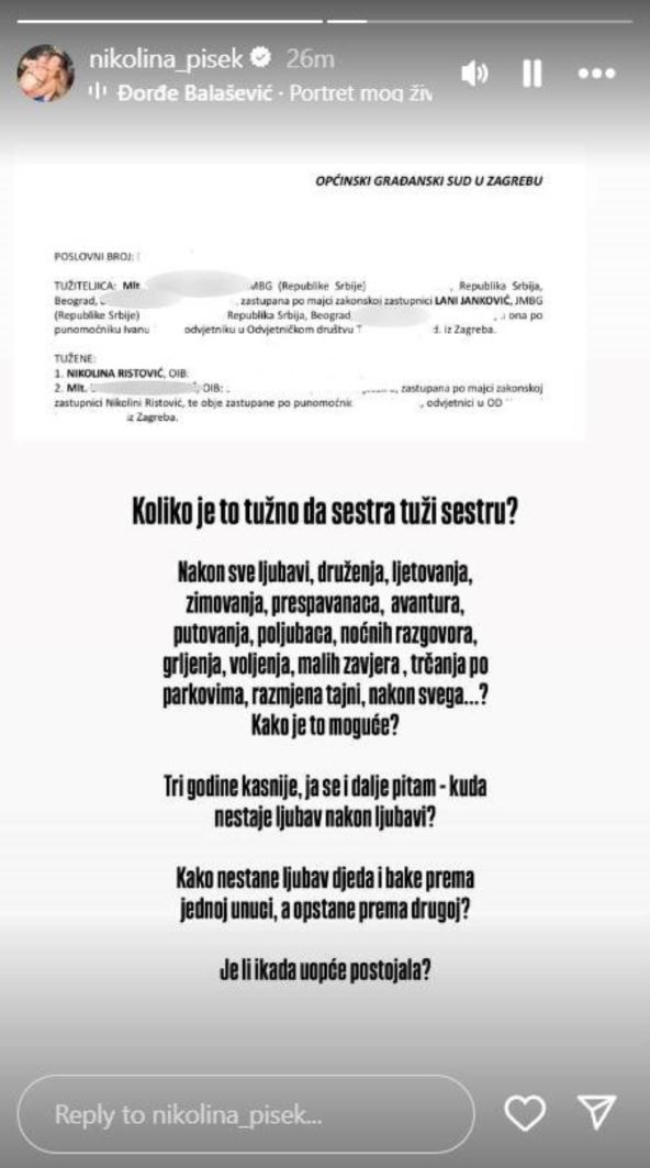 Nikolina Pišek tužba Vidojeve ćerke