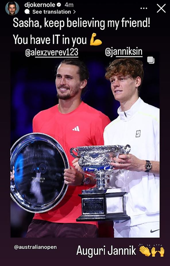 Novak Đoković poruka za Zvereva i Sinera