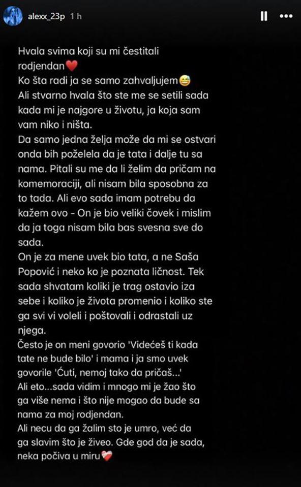 Aleksandra Popović Instagram objava o Saši nakon sahrane
