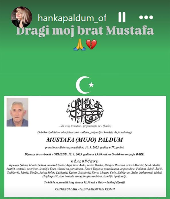 Hanka Paldum objava o smrti brata Mustafe