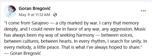 Goran Bregović poruka na Faceboku