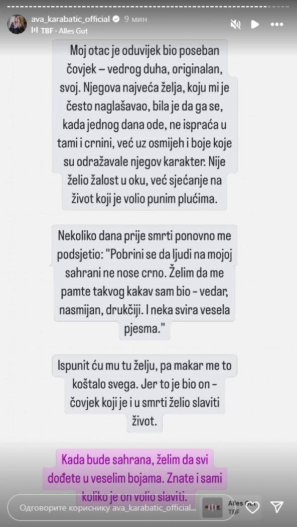 Ava karabatić otkrila poslednju želju oca