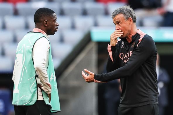 Luis Enrike i Usman Dembele na treningu pred finale Lige šampiona