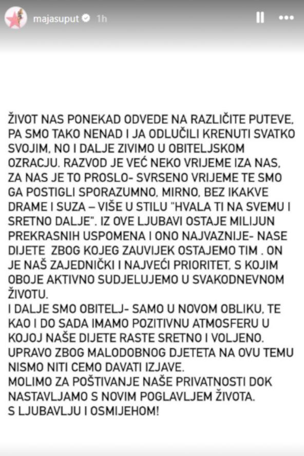 Maja Šuput objava o razvodu