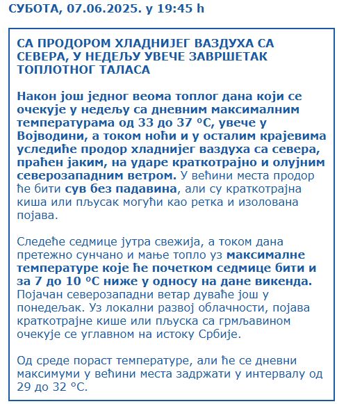 Vremenska prognoza RHMZ do sredine juna