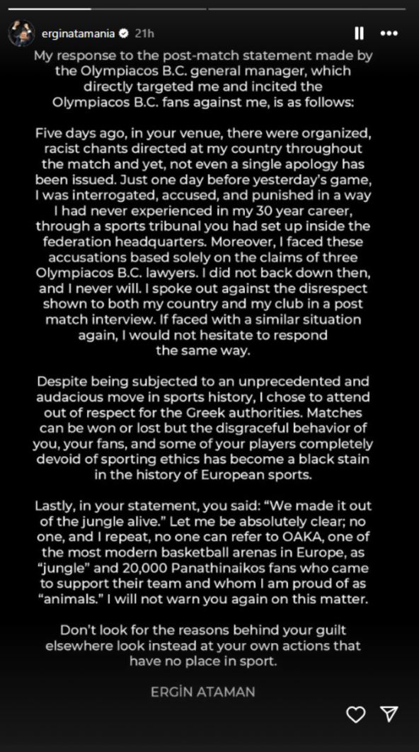 Obraćanje Ergina Atamana Olimpijakosu