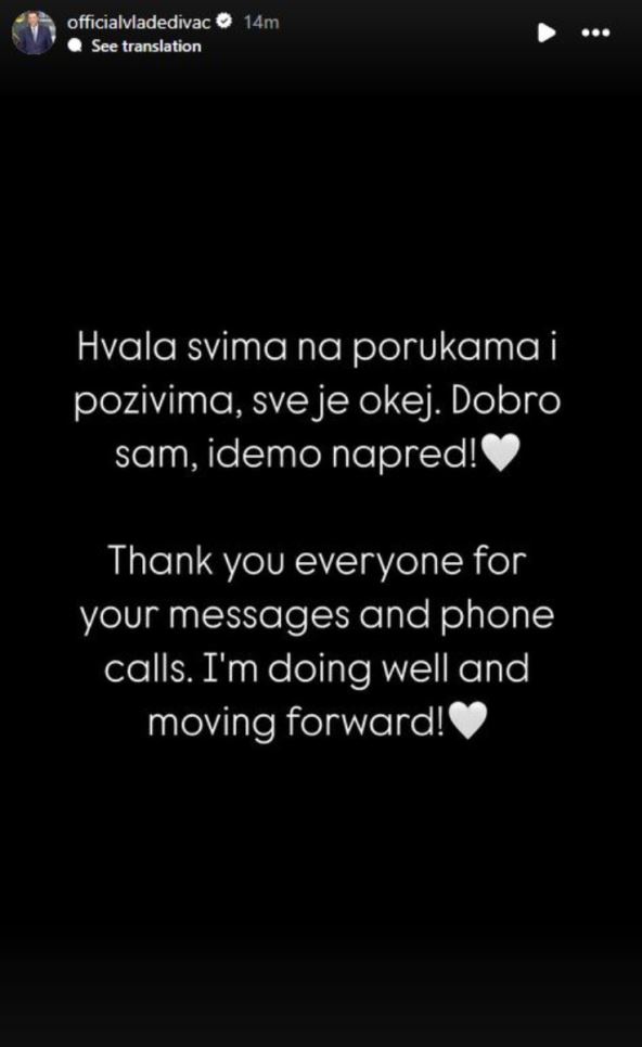 Vlade Divac objava na Instagramu iz bolnice