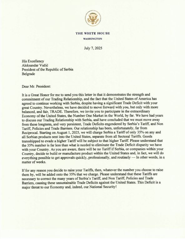 pismo Donalda Trampa Vučiću