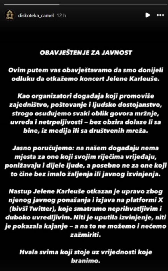 Objava diskoteke povodom reči Jelene karleuše