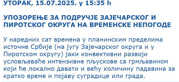 Pljuskovi sa grmljavinom za sat vremena Hitno upozorenje RHMZ