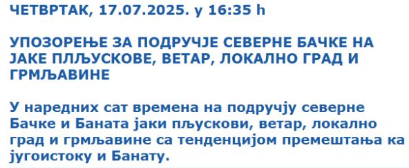 Hitno upozorenje RHMZ za dva dela Srbije