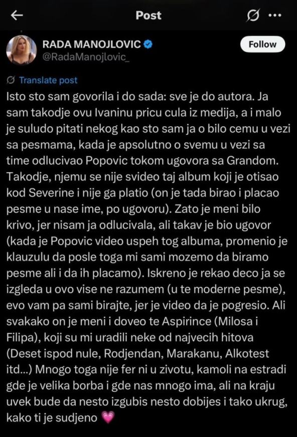 Rada Manojlović o Saši Popoviću, Ivani Šašić i Severini