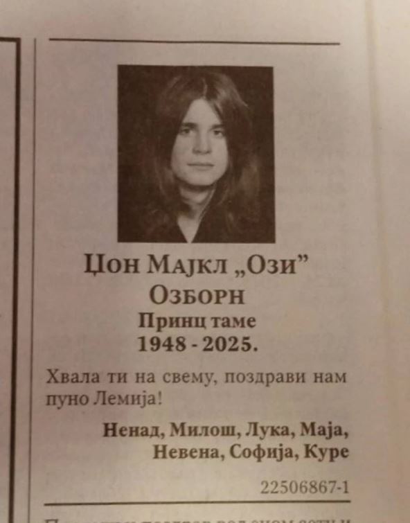 Čitulja za Ozija Ozborna