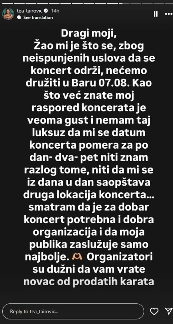 Tea Tairović o otkazivanju nastupa