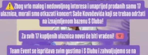 Obaveštenje kljuba o otkazivanju nastupa Saše Kovačevića