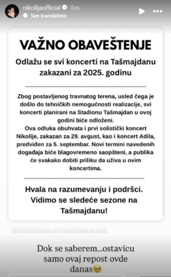 Otkazan Nikolijin koncert na Tašmajdanu