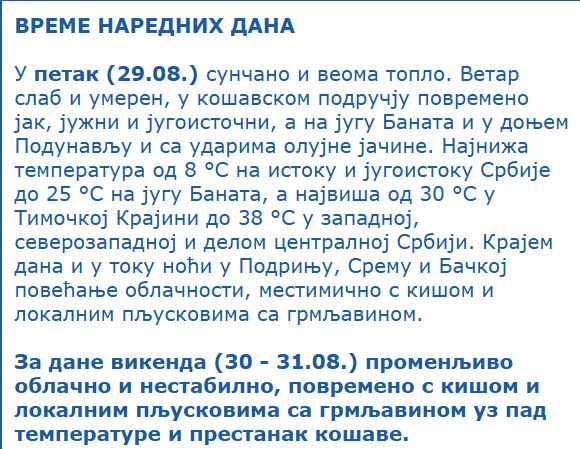 RHMZ Vremenska prognoza za kraj avgusta