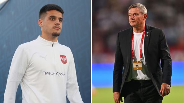 Dejan Zukić s leve strane u beloj trenerci i desno Dragan Stojković Piksi u crnom odelu.