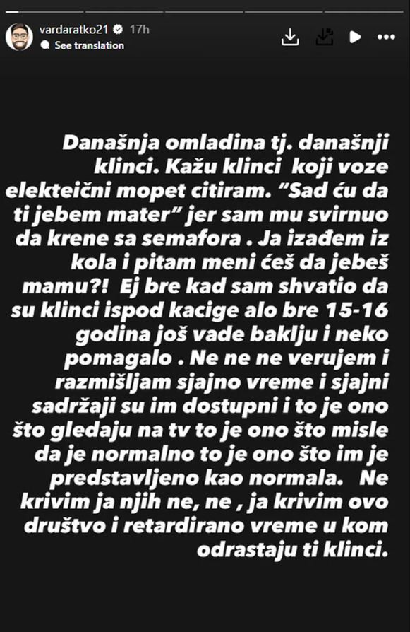 Objava Ratka Varde na Instagram storiju