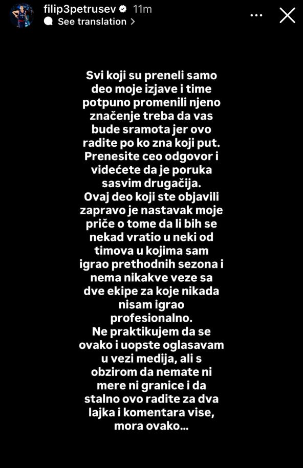 Filip Petrušev objava na Instagramu