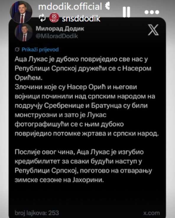 objava Milorada Dodika o Aci Lukasu