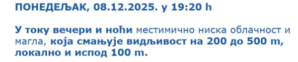 Upozorenje RHMZ na maglu