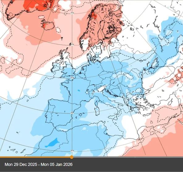 Meteorološka karta – mapa temperaturnih odstupanja (anomlija) za Evropu.jpg