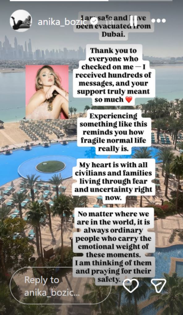 objava Anike Božić iz Dubaija