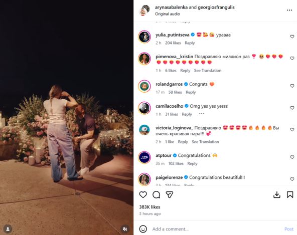Arina Sabalenka čestitke za veridbu.