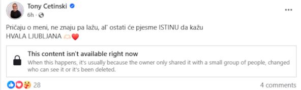 objava Tonija Cetinskog na Fejsbuku nakon koncerta u Ljubljani