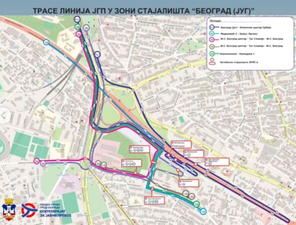Mapa linija JGP na stajalištu Beograd jug