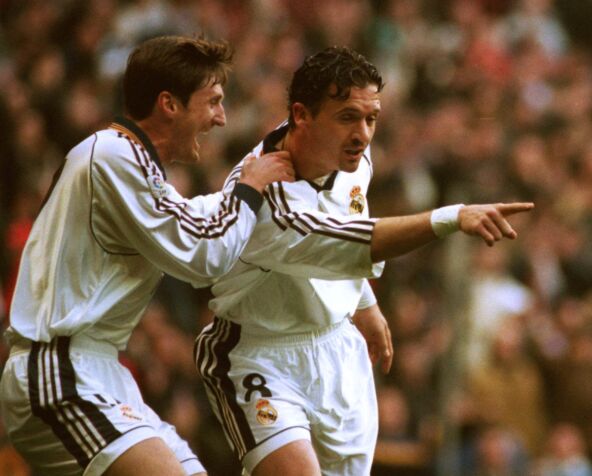 Predrag Mijatović i Robert Jarni slave gol u Real Madridu