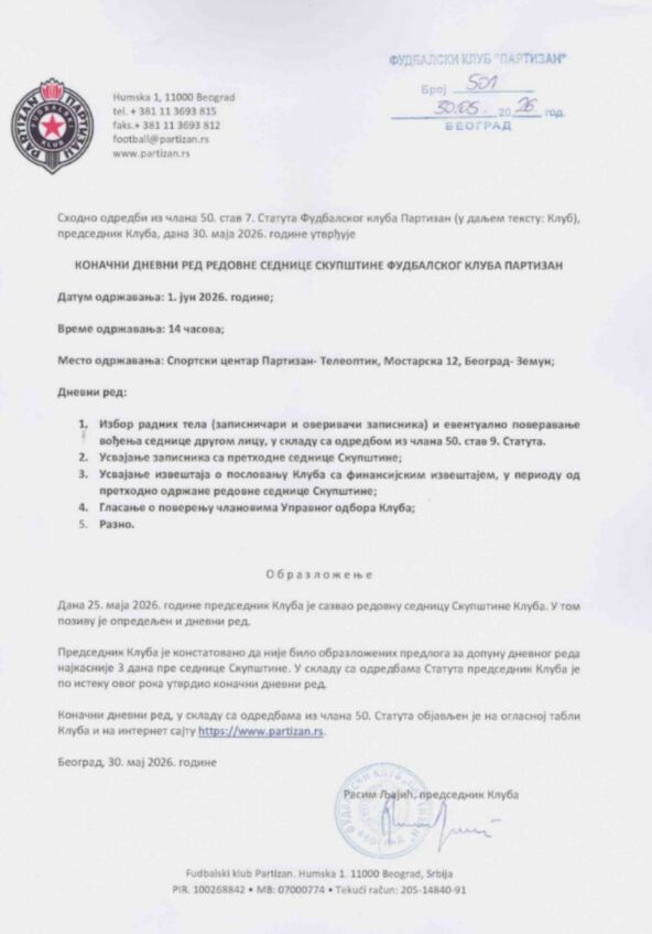 Dnevni red skupštine FK Partizan