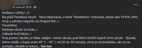 Dete iz Srbije nagazilo na ribu zmaj u Grčkoj