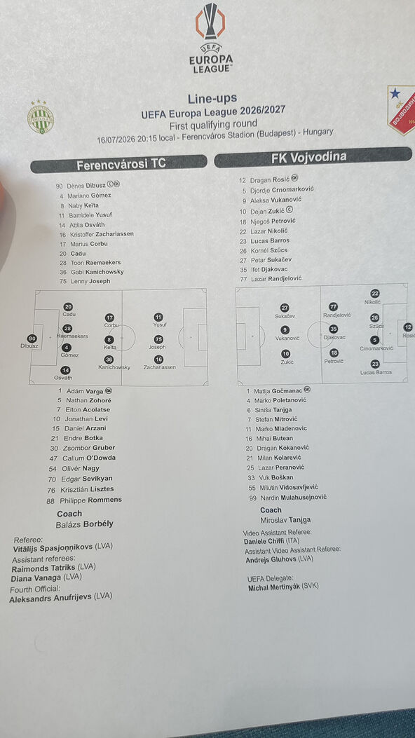 Vojvodina - Ferencvaroš sastavi