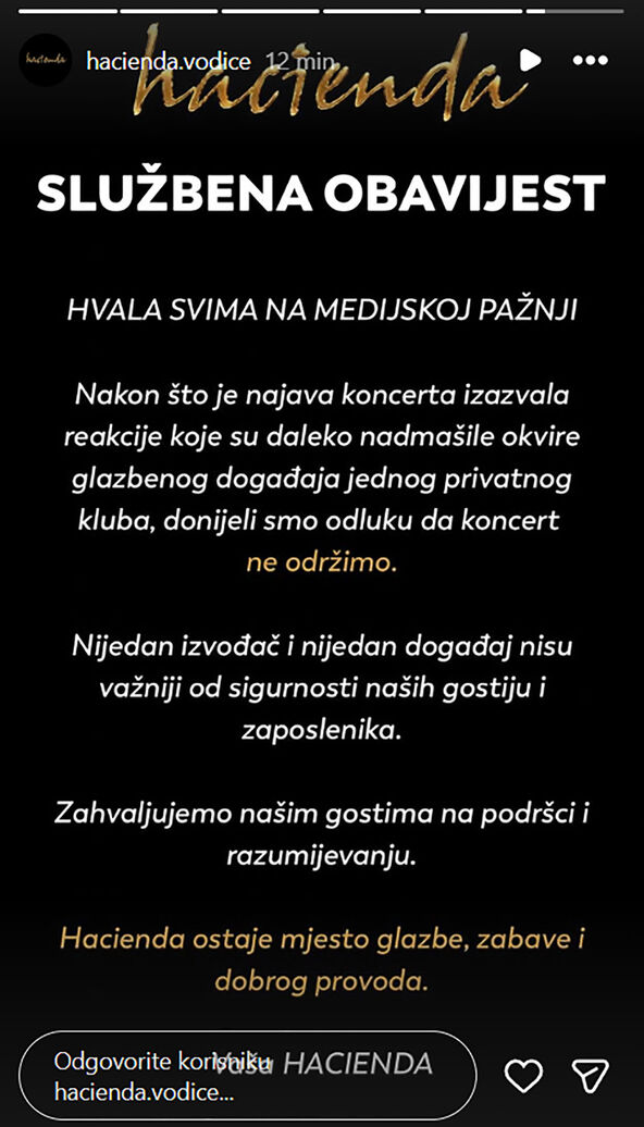 Odluka kluba o otkazivanju koncerta