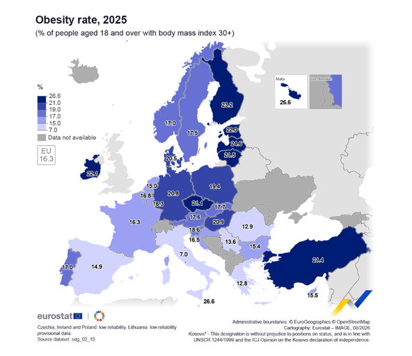 Mapa gojaznih u Evropi
