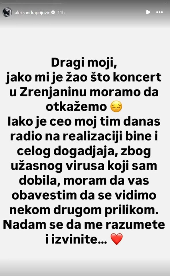 Aleksandra Prijović otkazivanje koncerta u Zrenjaninu