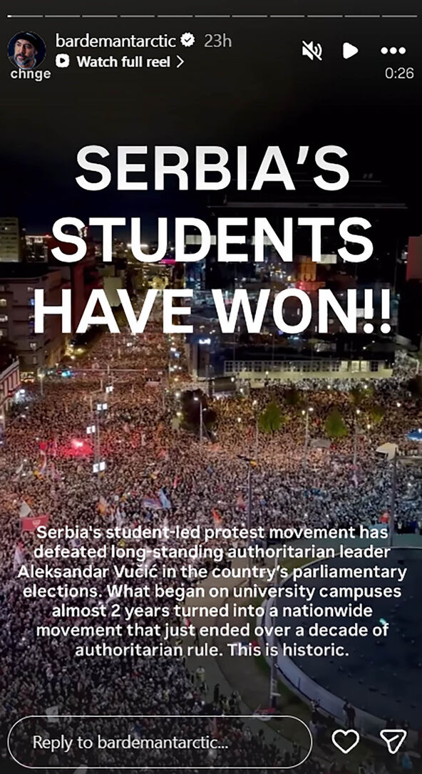 objava Havijera Bardema o pobedi Studentske liste u Srbiji