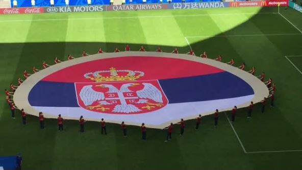 Himna Srbije sa razglasa Kosmos arene u Samari uoči utakmice Srbija - Kostarika na Mundijalu u Rusiji.