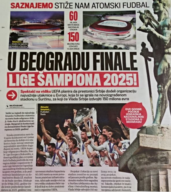 Beograd domaćin finala UEFA lige šampiona 2024/25 na Nacionalnom stadionu u Surčinu