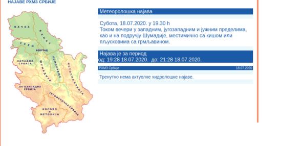 Vreme - vremenska prognoza - upozorenje RHMZ - 18. jul