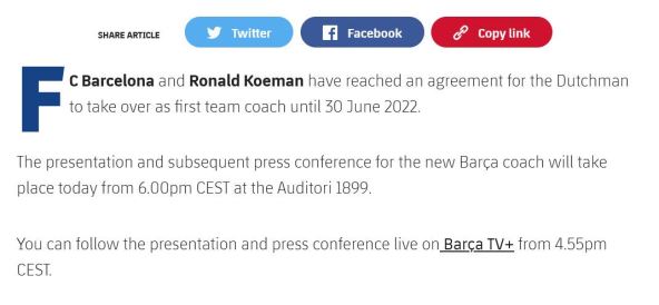 Barselona novi trener Ronald Kuman Ronaldo zvanični sajt greška bruka foto