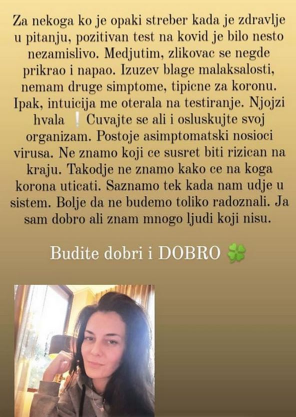 marija kilibarda ima koronu marija kilibarda obolela od korona virusa objavila na instagramu