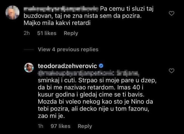 teodora dzehverovic reagovala na uvredljiv komentar prozivke instagram foto