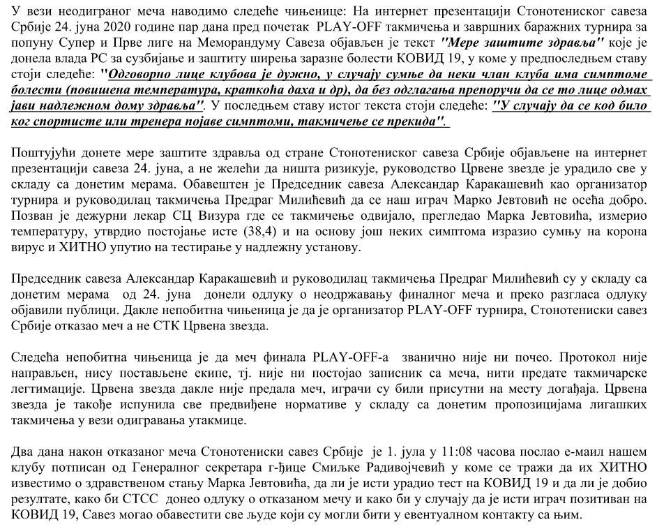 Crvena zvezda stoni tenis saopštenje