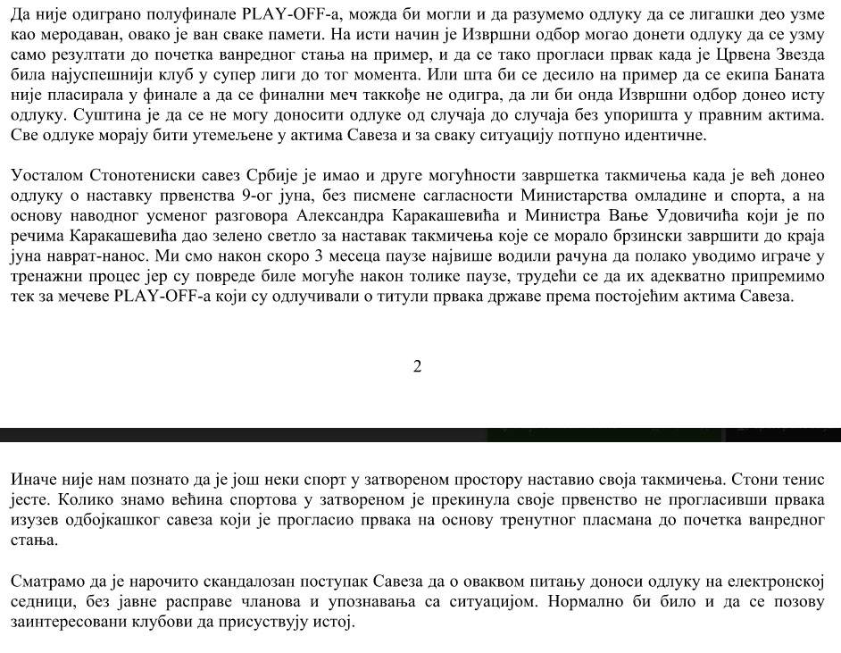 Crvena zvezda stoni tenis saopštenje